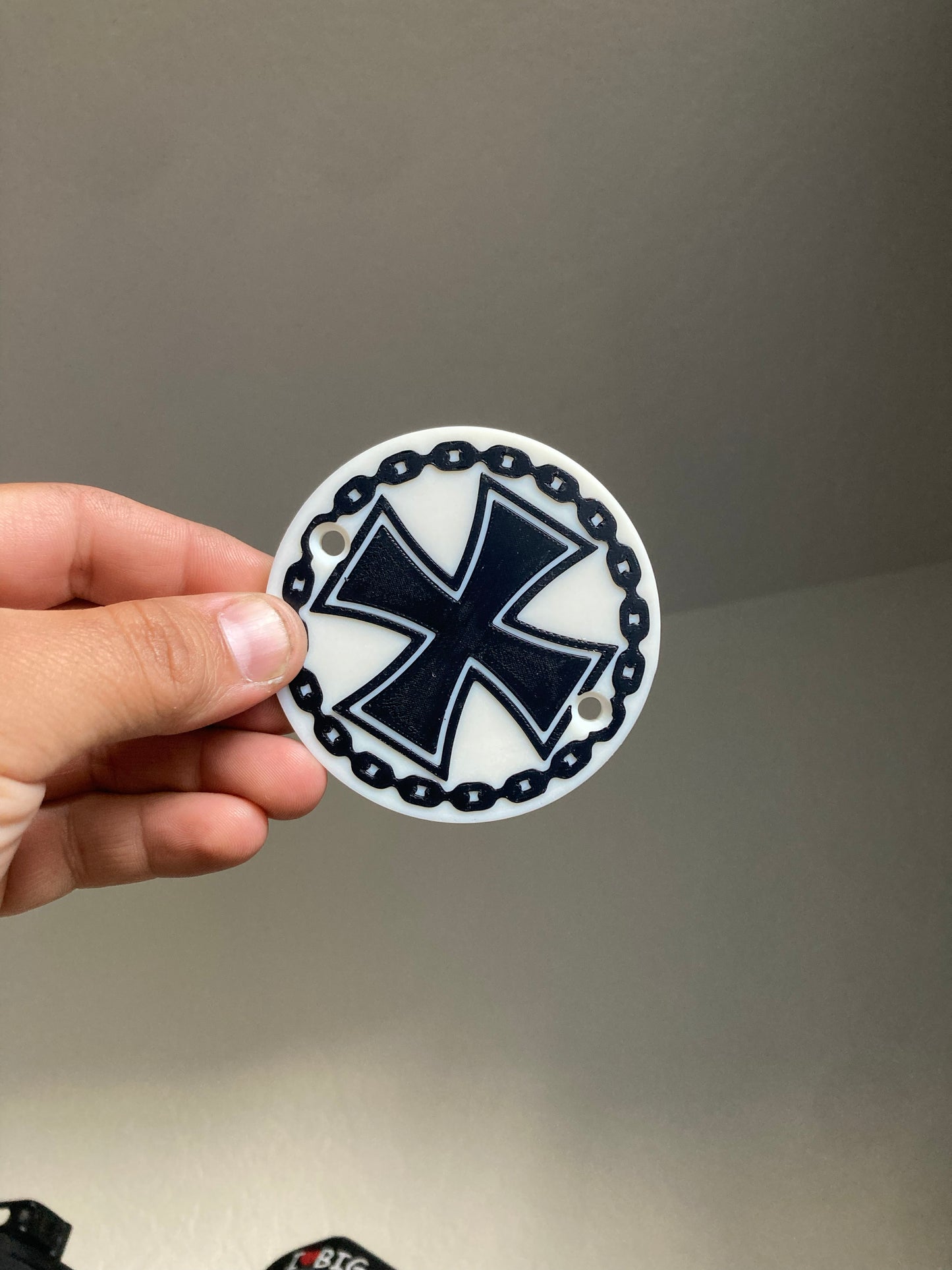 Custom 3D printed Sportster timing cover with cross and chain design for Harley-Davidson.